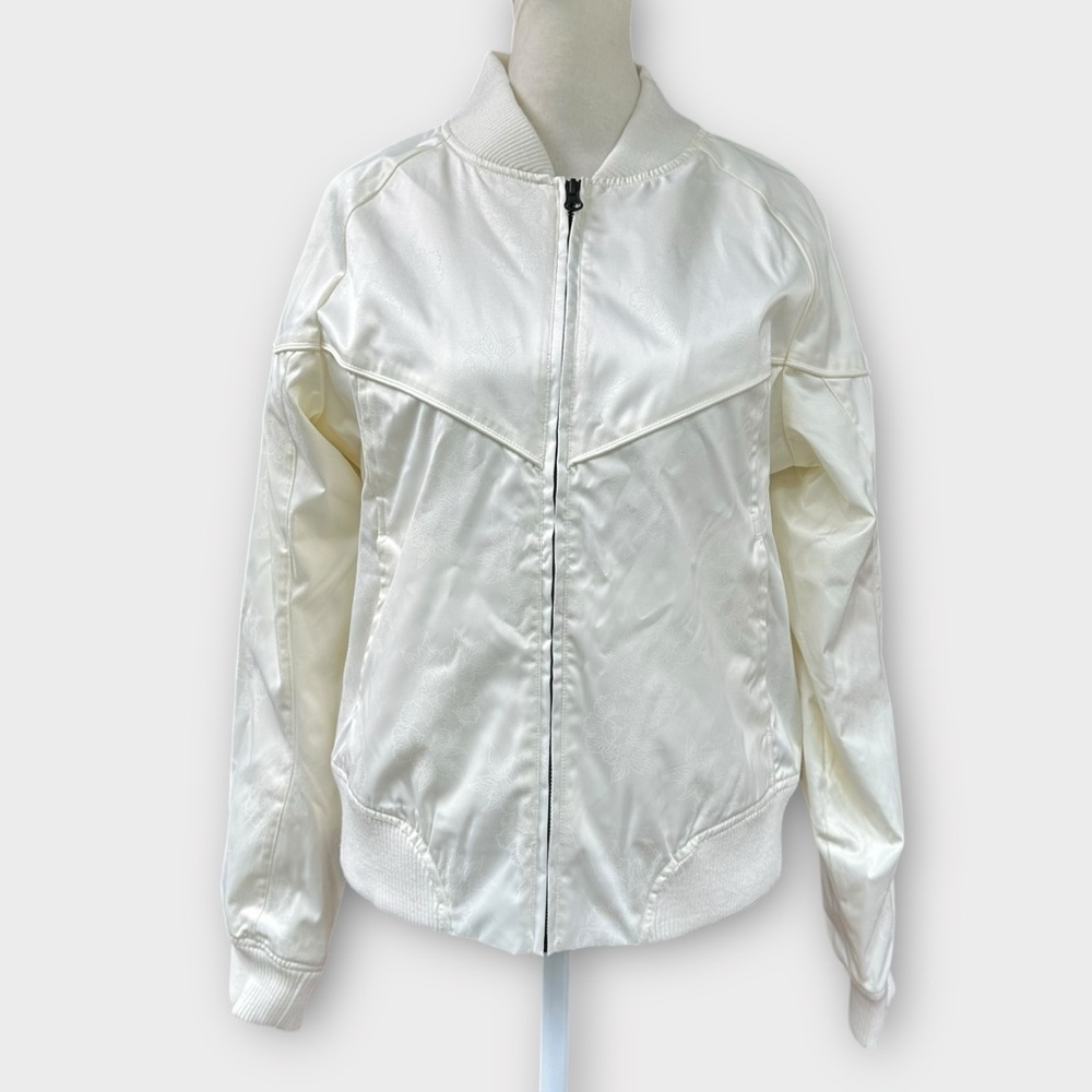 New Nike Ivory Monochromatic Floral Print Bomber Jacket | Women’s Size Large